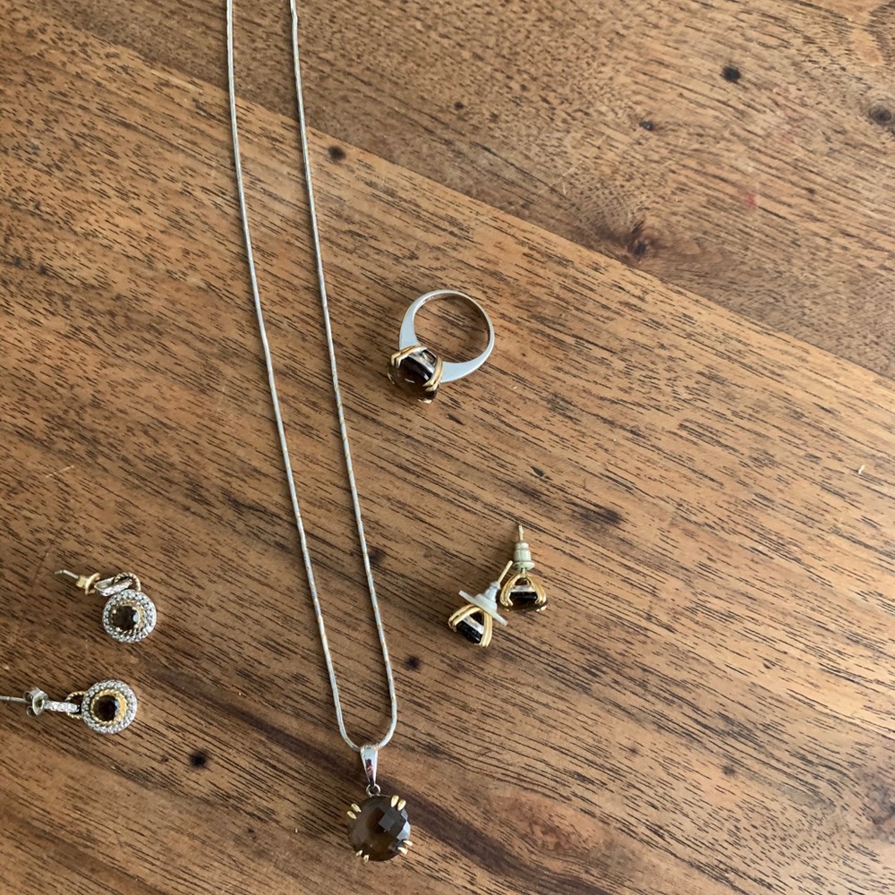 Smoky Topaz Ring necklace and two sets of earrings